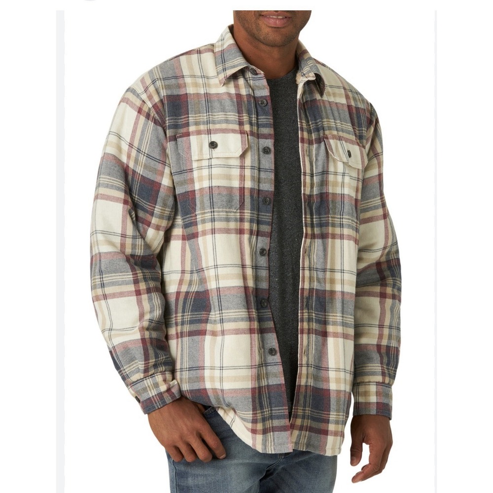 Wrangler Men's Lg Plaid Sherpa Lined Button Up‎ Shirt Jacket Distressed Worn